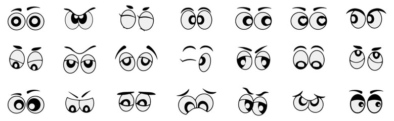Cartoon eyes collection. Expressive eye shapes with different emotions and styles. Black line character elements for faces and animation