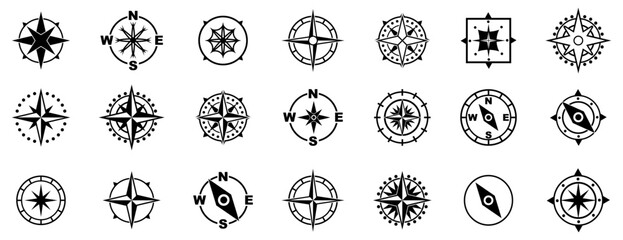 Compass symbols collection. Navigation stars with directional marks and circular shapes. Travel and orientation icons for map and exploration design