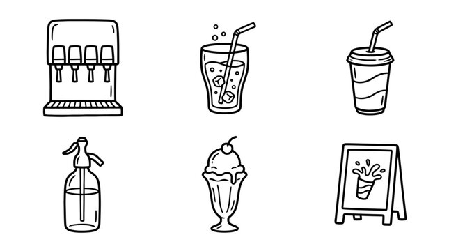 soda fountain line vector set. black color sketches style on white background. Vector illustration.