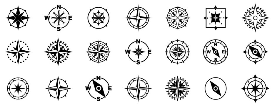 Compass symbols collection. Navigation stars with directional marks and circular shapes. Travel and orientation icons for map and exploration design