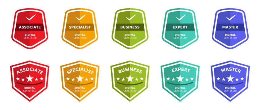 Certification badges collection. Colorful shields with levels and rating stars. Modern achievement labels for business, education and digital certification
