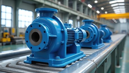 Fototapeta premium Blue industrial pumps sit on metal conveyor belt inside modern factory. Precision machinery and engineering components are visible on production line. Manufacturing technology and heavy industry.