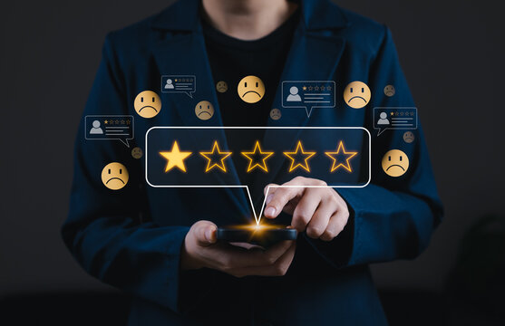 Customer giving one star rating on smartphone with negative review icons, representing poor feedback, bad user experience, online reputation risk, service failure, and customer dissatisfaction.