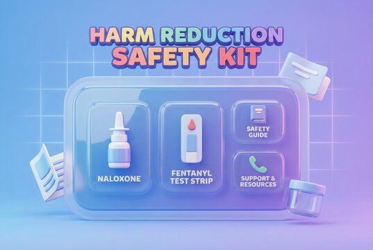 Comprehensive harm reduction safety kit featuring naloxone, fentanyl test strip, and support resources presented with modern design elements promoting safety awareness