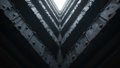 Fototapeta premium Industrial building interior with repeating dark metal beams, rivets. Abstract geometric pattern creates tunnel effect leading to bright sky light above. Structure suggests construction engineering.