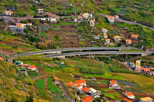 Terraced Farmland and Highway Overpass in Madeira, Portugal
