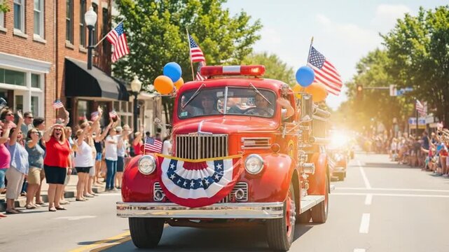 Vintage fire engine parades through town on patriotic day