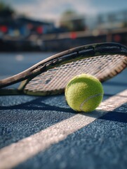 A tennis racket with ball, ready for play.