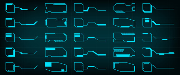 Futuristic frames collection. Neon blue tech shapes with circuit style outlines. Sci fi interface elements for digital panels, hud and technology design © top dog