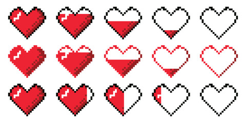 Pixel heart collection showing health or progress states in retro game style. Includes multiple heart fill levels and variations in pixel art © top dog