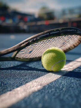 A tennis racket with ball, ready for play.