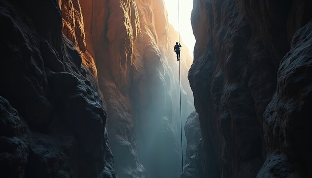 Lone climber rappels down steep canyon wall. Sunbeams pierce misty gorge. Adventurer descends deep rocky chasm with rappel rope. Epic outdoor exploration journey.