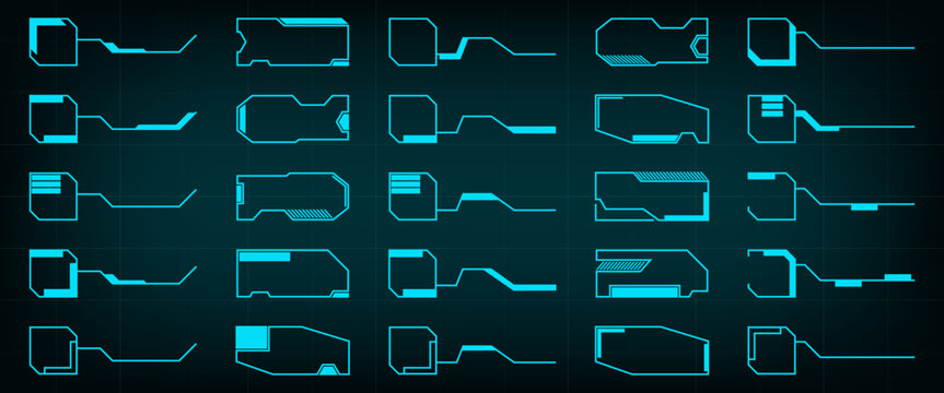 Futuristic frames collection. Neon blue tech shapes with circuit style outlines. Sci fi interface elements for digital panels, hud and technology design
