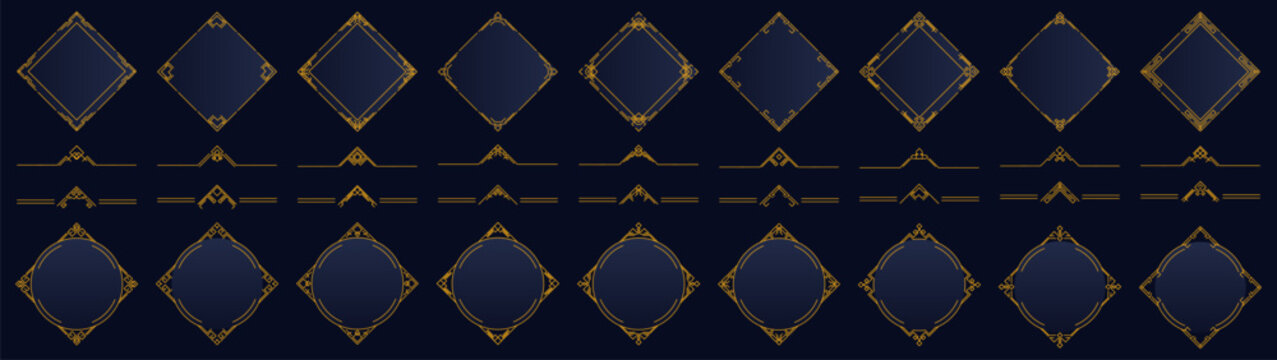 Decorative frame collection with geometric art deco style borders and golden lines. Includes multiple shapes for elegant design compositions