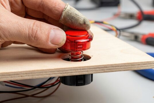Person installing a red arcade style push button into a wooden control panel board