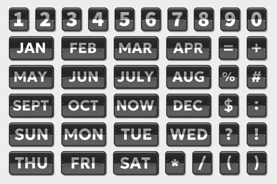 Button collection with numbers months days and symbols in dark interface style. Includes calendar labels and numeric keypad elements