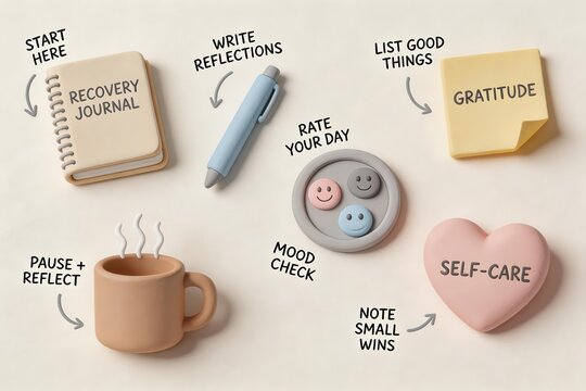 Mindfulness Tools for Emotional Well Being featuring a Recovery Journal, Self Care Heart, Gratitude Notes and Reflective Elements Promoting Positive Mental Health Practices