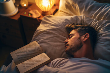 Fototapeta premium Man sleeping in bed with an open book under warm lamp light