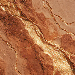 Obraz premium Pulverized terracotta desert plateau with sun-warped geometric veins, gold-ochre glint, overhead close-up