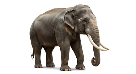 Obraz premium A large gray elephant with tusks standing isolated on white background