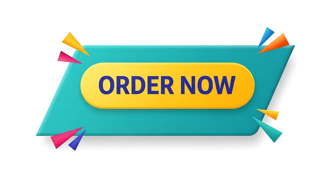 Vibrant order now button with colorful triangular shapes on white background