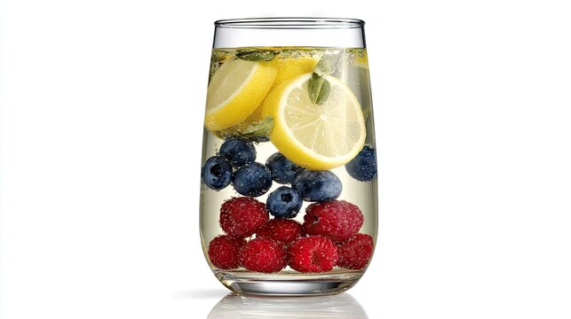 Clear glass filled with sparkling liquid showcasing layered fresh citrus slices and assorted berries