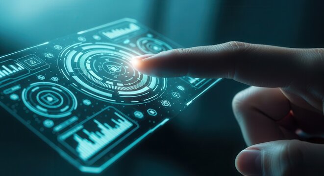 Finger touching glowing circular HUD element, futuristic UI overlay, teal and blue lighting