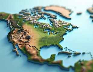 3D map of North America shows continent terrain with mountains and lakes. Landmasses have elevation detail. Blue water surrounds green and brown earth.