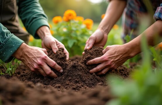 Hands add dark soil to garden bed. People prepare earth for planting. Close view of working hands mixing compost into dirt. Growing plants need rich ground.