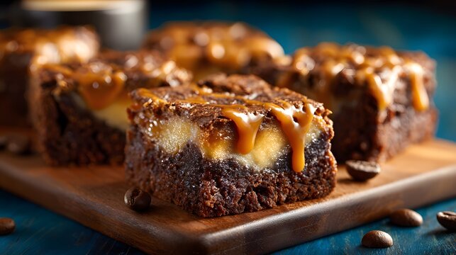 Decadent Caramel Swirl Brownies with Coffee Beans on a Rustic Wooden Board, a Rich Indulgence