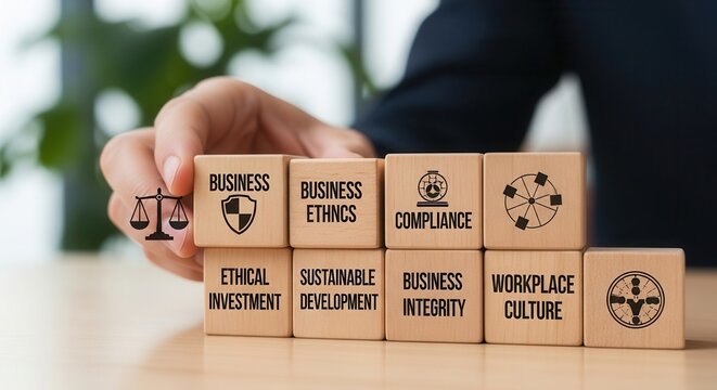 Hand arranging wooden cube with icon Business ethics and compliance concept. Ethical investment, sustianable development. Business integrity and moral. The effective compliance and ethics culture in w