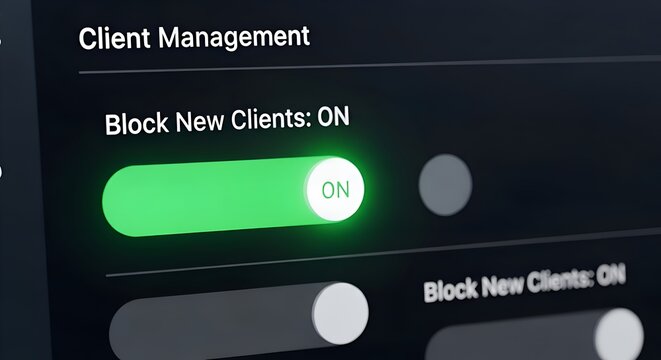 Client Management Settings Interface with Toggle Switches for Blocking New Network Devices Displayed on a Dark Digital Application Screen