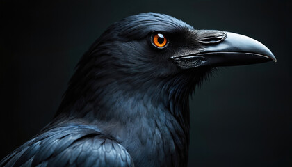 Naklejka premium Detailed raven portrait showcases its glossy black feathers, bright orange eye. This intelligent bird is shown against dark studio background. Its sharp beak, powerful wing hint at its wild nature.