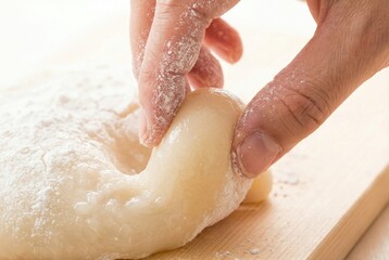 Fototapeta premium Hand pressing into soft and sticky mochi dough covered with white flour