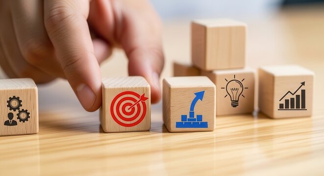Hand arranging wooden cube with icon Business Target and Strategic Growth Building. Wooden blocks with target icons, symbolizing strategic planning, teamwork, innovation and structured growth toward c