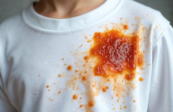 White kids t-shirt with large red sauce spill. Small splatter marks show. Messy food accident on clothing. Toddler mealtime mishap evident on fabric.