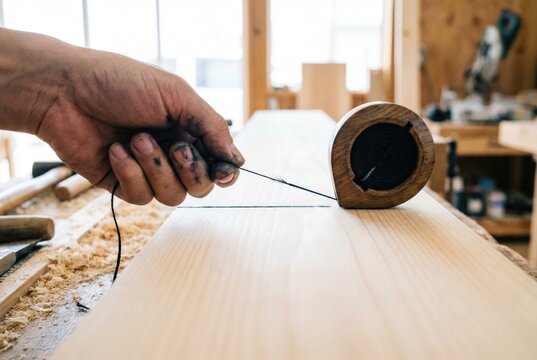 Carpenter hand snapping a chalk line tool on a light wooden board to mark a straight line