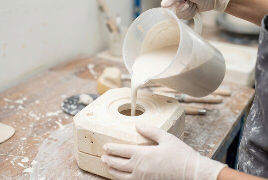 Gloved hands pouring liquid ceramic slip from a pitcher into a block plaster mold