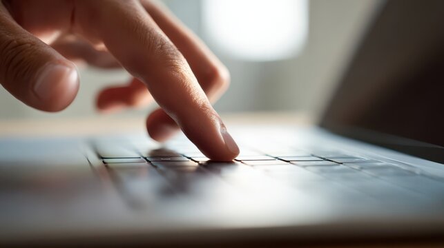Fingers glide over laptop trackpad in soft light