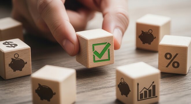 and arranging wooden cube with icon Financial approval concept. Wooden blocks with financial icons, hand putting a green checkmark block, indicating successful authorization and completion of financia