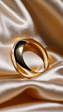 Elegant minimalist gold ring with reflective inlay placed on folded champagne silk fabric