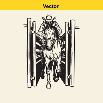 A black and white line art illustration of a cowboy riding a horse through a wooden gate entrance