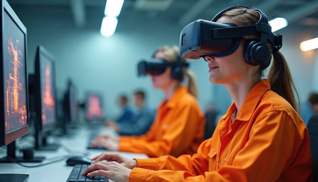 People wear VR headsets, train for energy sector safety. Virtual reality simulation improves skills, emergency response protocols, teamwork in tech lab. Digital future.