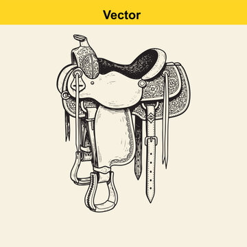 Detailed hand drawn illustration of a western style horse saddle with intricate floral tooling