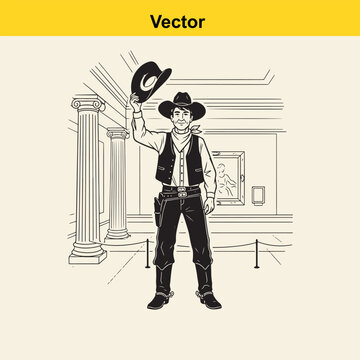 A black and white line art illustration of a polite cowboy tipping his hat inside a museum hall