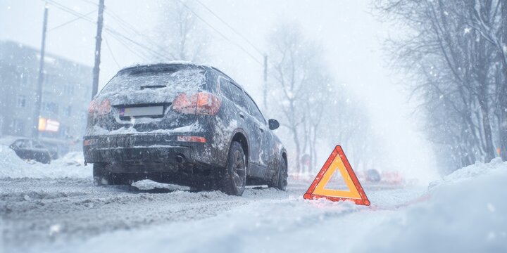 Slippery winter road, with traffic sign and warning about potential hazard for drivers.