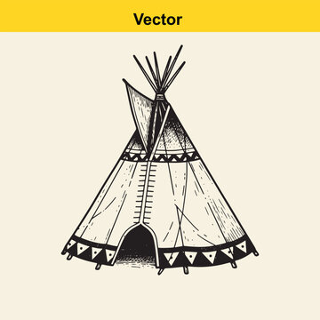 Hand drawn vector illustration of a traditional native american conical tent or teepee structure