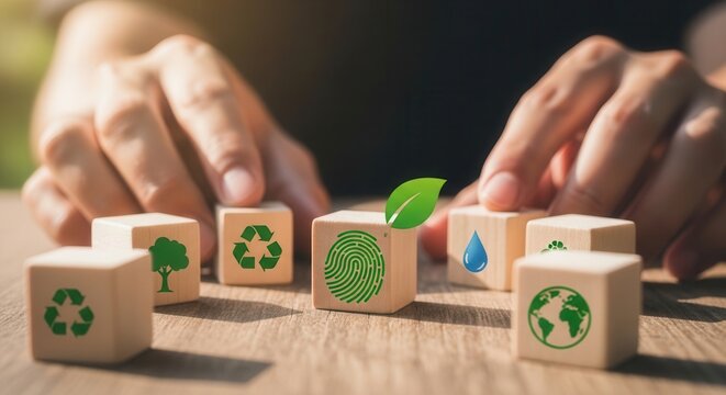 Green fingerprint with leaf on wooden cube blocks. World environment day or earth day concept. World Forestry Day. Earth day green concept. Awareness and action for environment protection