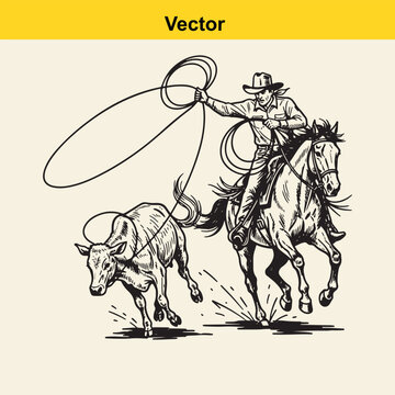 A black and white line art illustration of a cowboy riding a horse while roping a running calf