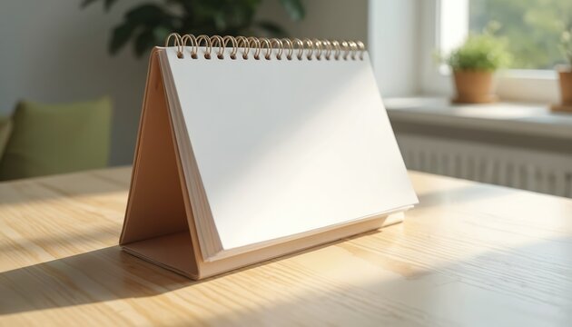 Blank desktop calendar sits on a wooden table catching soft sunlight near a window. Use this space for notes appointments or event planning. Ideal for business or personal use.